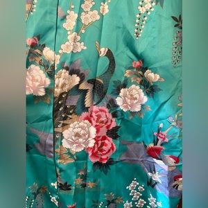 Ichiban peacock pheasant cherry blossom Kimono Geisha Floral Long Robe Aqua 57”